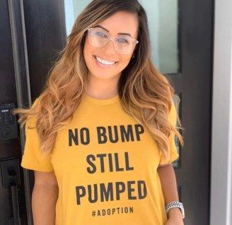 Woman wearing yellow No Bump Still Pumped Shirt